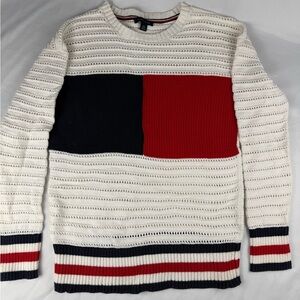 Tommy Hilfiger Men's  Flag Knit Crewneck Sweater - Red, Blue, and White